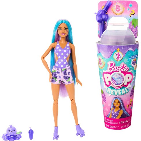 Barbie Pop Reveal Fruit Series Grape Fizz Doll 8 Surprises Include Pet Slime Scent Color Change Target