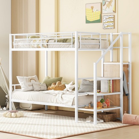 Twin Over Twin Metal Bunk Bed With Lateral Storage Ladder And Wardrobe ...