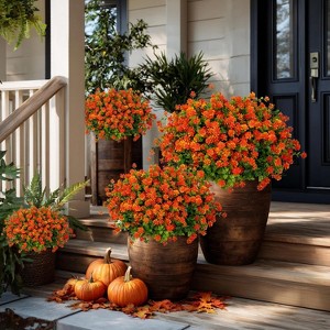 12 Bundles Artificial Fall Flowers Outdoor Fake Mums - Fake Plants UV Resistant No Fade Faux Plastic Greenery Orange - 1 of 4