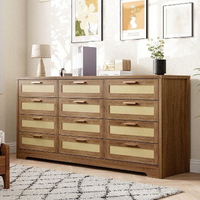 Acekool 12 Drawer Brown Rattan Dresser, Modern Wood Chest with Woven Drawers, Storage Organizer for Bedroom, Nursery, Entryway, Living Room