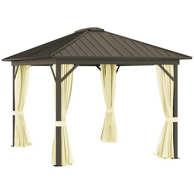 Outsunny 11.9" x 9.8" Hardtop Gazebo with Curtains and Netting, Permanent Pavilion Metal Roof Gazebo Canopy with Aluminum Frame and Top Hook