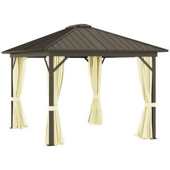 Outsunny 11.9" x 9.8" Hardtop Gazebo with Curtains and Netting, Permanent Pavilion Metal Roof Gazebo Canopy with Aluminum Frame and Top Hook, Cream
