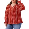 Women's Plus Size Printed Pattern Tie Notch V Neck Flare Long Sleeve Casual Blouses - Agnes Orinda - 2 of 4
