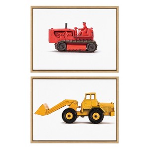 Kate and Laurel Sylvie Vintage Toy Bulldozer Red and Vintage Toy Front End Loader Yellow Framed Canvas Art Set by Saint and Sailor Studios - 1 of 4