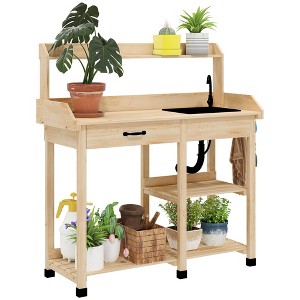 Potting Bench Table, Outdoor Garden Table Wooden Work Station with Removable Sink, Faucet, Drawer, Shelves, Hooks - 1 of 4