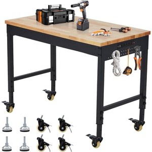 Adjustable Workbench 2000 Lbs Capacity, Rubber Wood Table Heavy Duty Workstation with Hardwood Top, Power Outlets,Metal Frame,Swivel Casters - 1 of 4