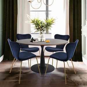 Harold+Flavia 5-Piece Walnut Foil  Round Top Pedestal Dining Table Set with 4 Upholstered Chairs -Maison Boucle - 1 of 4