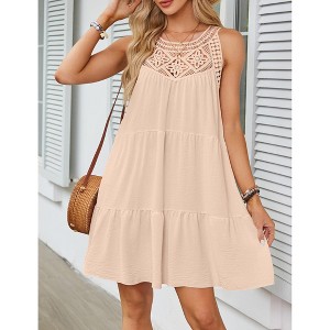 Women's Halter Neck Mini Dress Casual Sleeveless Hollow Out A-Line Summer Dress Apricot S - 1 of 3