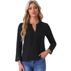 Allegra K Women's Half Button Placket Long Sleeve Lace Crochet Boho Blouse - 1 of 4