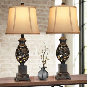 Aortzio Set of 2 Vintage Table Lamps,Bedside Lamp with Linen Shade&Nightlight - 1 of 4