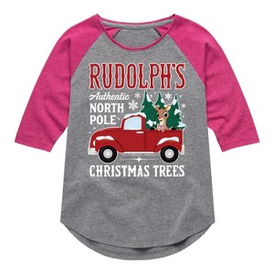 Girls' - Rudolph - Rudolphs Christmas Trees Shirt Tail Raglan Graphic T-shirt - 1 of 3