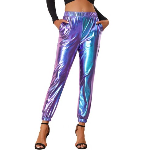 Allegra K Women's Metallic Shiny Sparkle Elastic Waist Holographic Pants  Hot Pink Small : Target