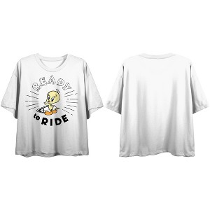 Looney Tunes Tweety Bird Ready To Ride Women's White Cropped Tee - 1 of 2