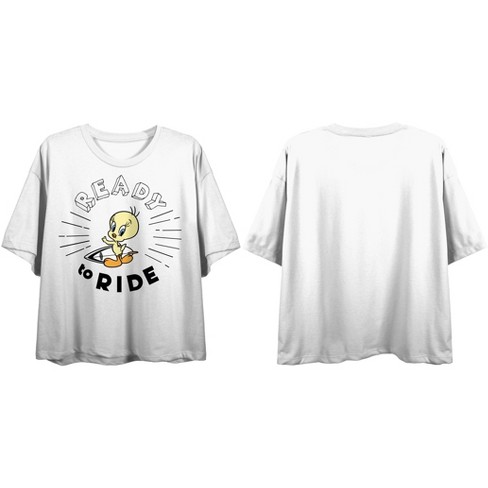 Looney Tunes Tweety Bird Ready To Ride Women's White Cropped Tee - image 1 of 2