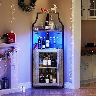 Corner Bar Cabinet – 5-Tier Industrial Wine Storage with Glass Holder & Mesh Doors, Space-Saving Liquor Organizer for Living Room