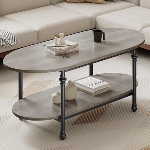 Coffee Table, 2 Tier Wood Oval Coffee Table with Roman Column Metal Legs and Open Shelf, Industrail Center Table Cocktail Tea Table - 1 of 4