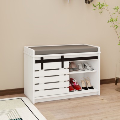 KTMBDW Shoe Storage Bench Entryway, Shoe Cabinet Bench with 2 Sliding Barn Door & Cushion, Modern Design Shoe Organizer for Hallway, White