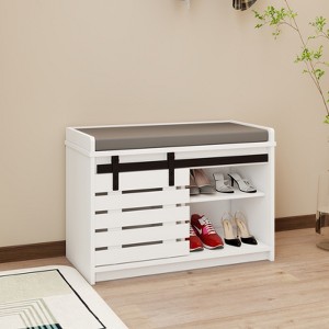 KTMBDW Shoe Storage Bench Entryway, Shoe Cabinet Bench with 2 Sliding Barn Door & Cushion, Modern Design Shoe Organizer for Hallway, White - 1 of 4