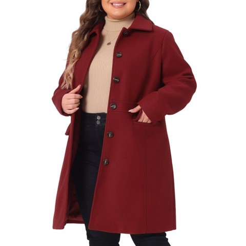INSPIRE CHIC Women's Winter Collared Flap Pocket Single Breasted Back Split Buttoned Long Overcoats 2X Dark Red