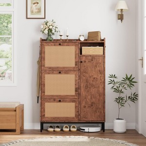 Entryway Rattan Shoe Cabinet with 3 Flip Drawers, 3-Tier Wood Shoe Rack Storage Cabinet with Adjustable Shelves, Freestanding Shoe Storage Organizer - 1 of 4