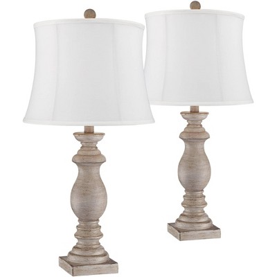 Regency Hill Farmhouse Table Lamps Set of 2 Beige Washed Faux Wood Cream Fabric Drum Shade for Living Room Bedroom House Home