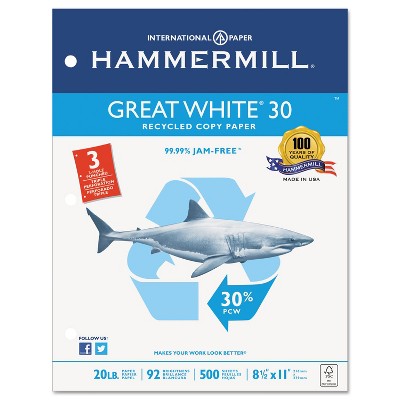 Hammermill Great White Recycled Copy 3-Hole Punched 92 Brightness 20lb Letter 5000/Ctn 86702