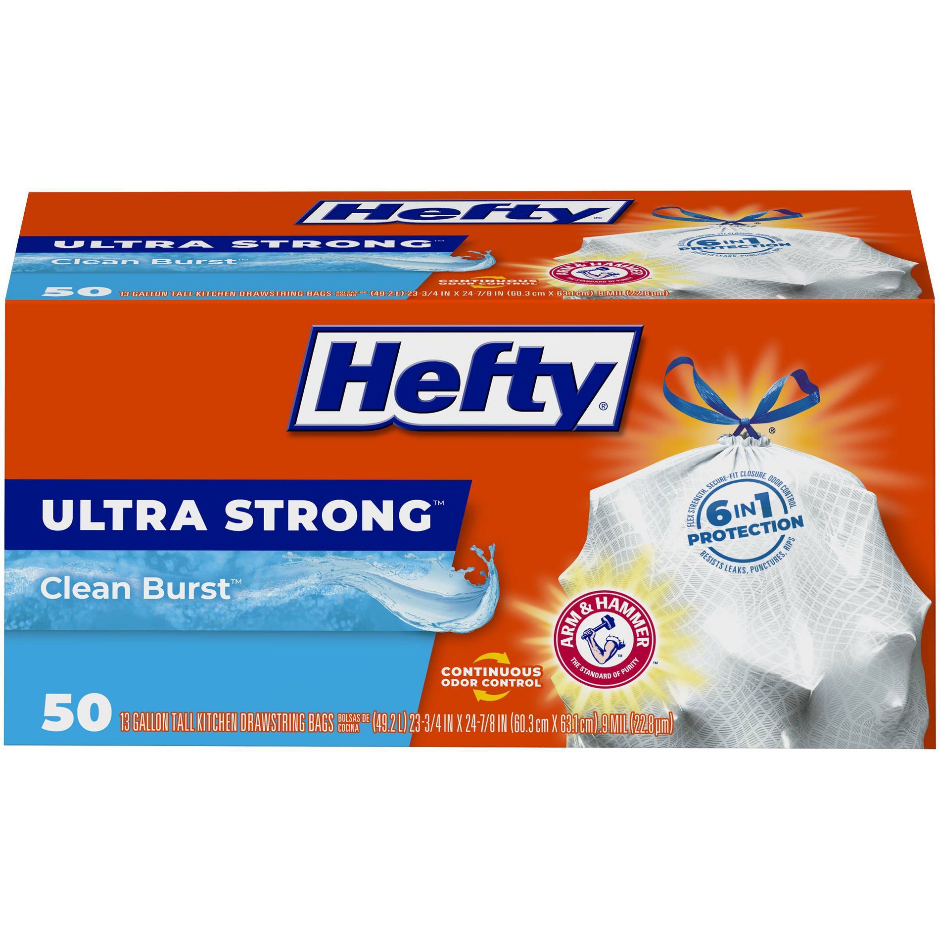 Hefty Ultra Strong Tall Kitchen Drawstring Trash Bags - Clean Burst Scent - 13gal - 50ct