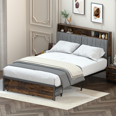 COMHOMA Metal Bed Frame with 2 Storage Drawers,  Power Outlets, 2-Tier Storage Headboard, LED Lighting
