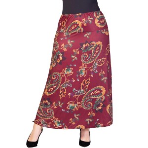24seven Comfort Apparel Plus Size Wine Print Elastic Waist A Line Maxi Skirt - 1 of 4