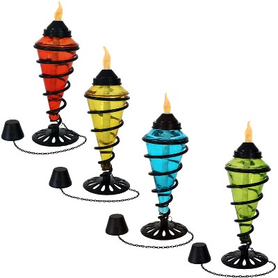 Sunnydaze Outdoor Tabletop Glass and Metal Swirl Patio Table and Lawn Torch Set - Blue, Red, Green, and Yellow - 4pc