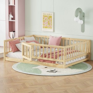 NicBex Kids Montessori Bed with Door,Modern Floor Bed with Fence,Twin/Full Size Toddler bed for Bedroom Playroom,White/Brown - 1 of 4
