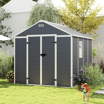 Outdoor Storage Shed, Resin Shed with Floor & Lockable Doors, All Weather Plastic Sheds with Window Dark Grey