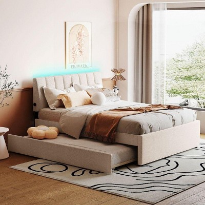 Streamdale Teddy Fleece Full Size Upholstered Platform Bed with Trundle, Beige