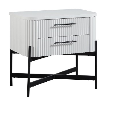 Vynxaria 2-Drawer Nightstand - USB Type C Port, Reeded Fronts, Metal Accent Base, Ball Bearing Guides, White