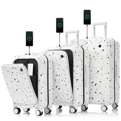 BEAFUP Hard Shell Carry on Luggage Set of 3, 20, 24, 28inch with USB Port and front opening with Cup Holder, ABS+PC with Spinner Wheels