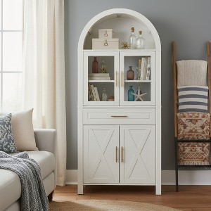 ORRD 71" Fluted Arched Pantry Cabinet with Glass Door & Hidden Drawer, Farmhouse Storage with Adjustable Shelves for Kitchen Dining Room, Black - 1 of 4