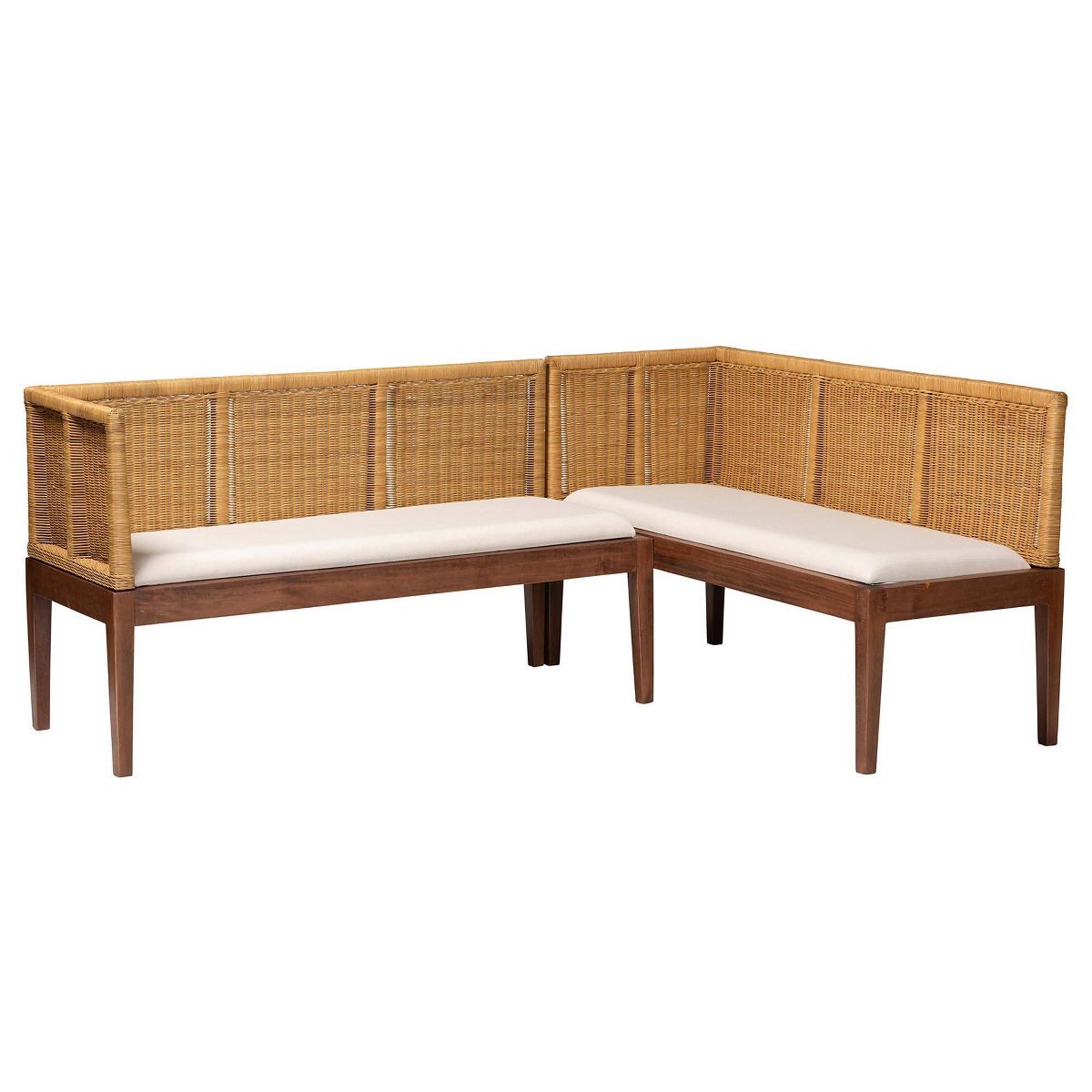 bali & pari 2pc Tabanan Rattan and Acacia Wood Dining Nook Banquette Set Brown/White: Foam Padded, Polyester Upholstery, No Assembly Required