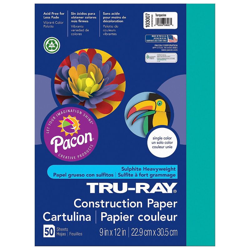 Pacon Tru-Ray 9" x 12" Construction Paper Turquoise 50 Sheets/Pack 5 Packs (PAC103007-5), 2 of 3
