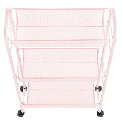 Blush Pink Steel 3-Tier Rolling Laundry Cart with Shelves