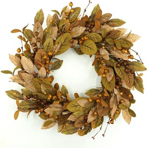 Attop 20'' Fall Wreath Autumn Wreath for Front Door with Brown Magnolia Leaves and Small Pomegranate Fruits for Home Outdoor Decoration - 1 of 4