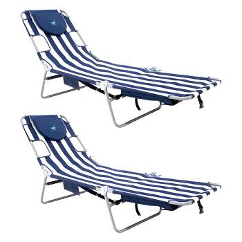 Ostrich Backpack Chaise Folding Lounge Chair w/4 Adjustable Position, Carrying Straps, Side Pocket and Storage Bag, Navy Stripe (2 Pack)