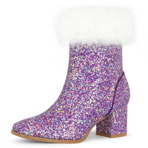 BLISSFUL STEP Women's Faux Fur Glitter Square Toe Chunky Heel Ankle Boots - 1 of 4