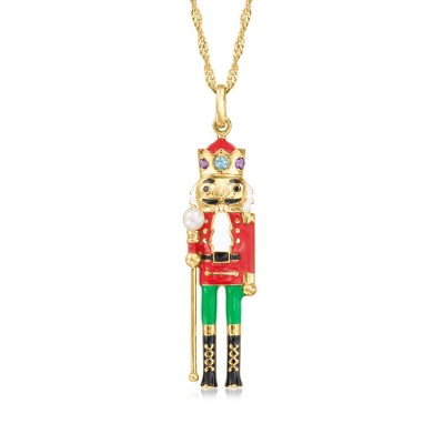 Ross-Simons 3.5-4mm Cultured Pearl and .22 ct. t.w. Multi-Gemstone Nutcracker Pendant Necklace With Multicolored Enamel in 18kt Gold Over Sterling