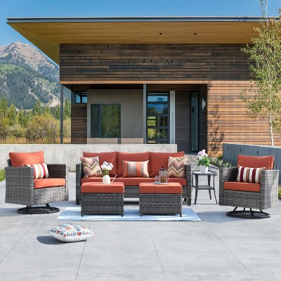 Outdoor Sectional With Swivel Chairs, 6-Pc Modular Outdoor Sofa Set w/ Swivel Chairs 3-Seat Couch & Ottomans, Sunproof Cushions, Orange, 6 Pcs/Set