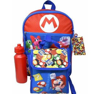 Bioworld Super Mario Red 5pc 16" School Backpack Set with a lunch bag, water bottle, carabiner clip & ID holder, Blue - 1 of 1