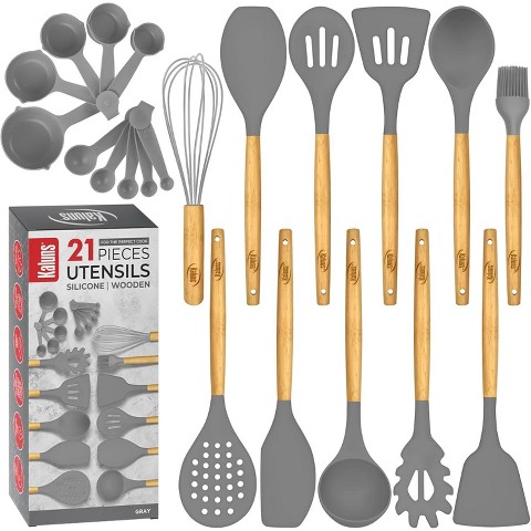 Kaluns Kitchen Utensils Set, 21 Piece Wood and Silicone, Cooking Utensils, Dishwasher Safe and Heat Resistant Kitchen Tools, Gray