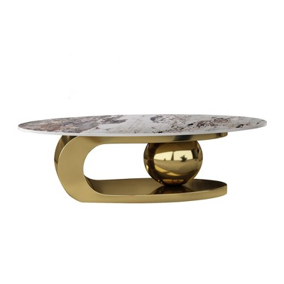 SYFERLORY 51 Inches Oval Faux Marble Coffee Table With Stainless Steel Base