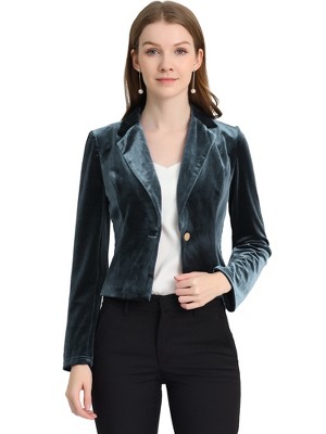 INSPIRE CHIC Women's 1 Button Lapel Collar Business Office Crop Suit Velvet Blazer
