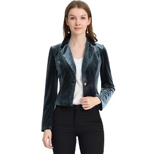INSPIRE CHIC Women's 1 Button Lapel Collar Business Office Crop Suit Velvet Blazer - 1 of 4