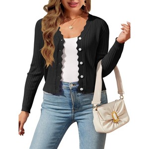 Plus Size Cardigan Cropped Rib Sweater Cardigan Wavy Placket V Neck Cardigan Front Button Down Sweater Cardigan XL-5X - 1 of 4